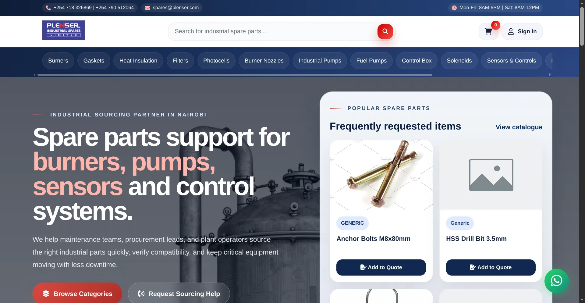 Plenser Industrial Spares Ecommerce Website